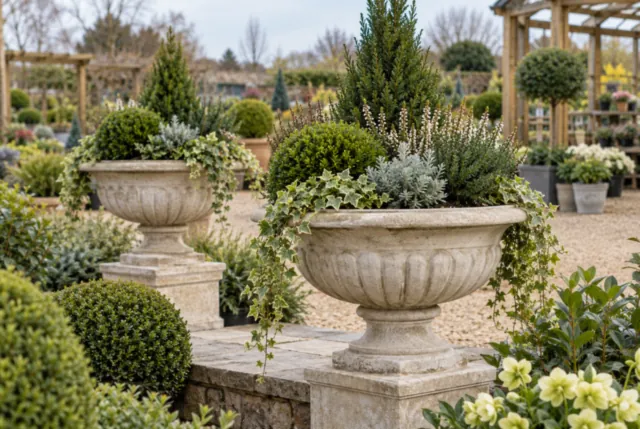 Illustrative view of pale stone garden urns with low evergreen planting.