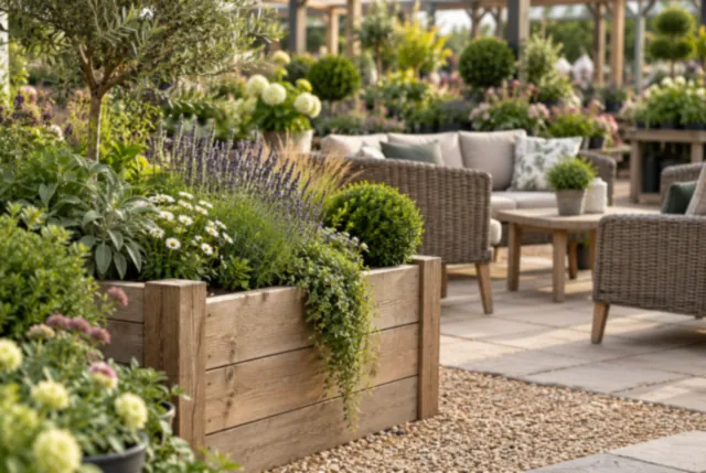 Illustrative view of raised timber planters beside a compact outdoor seating display.