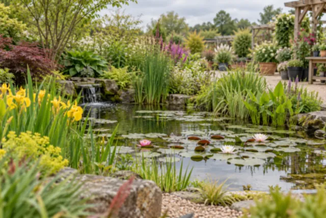 Illustrative view of lily pads and marginal plants around a small garden pond.
