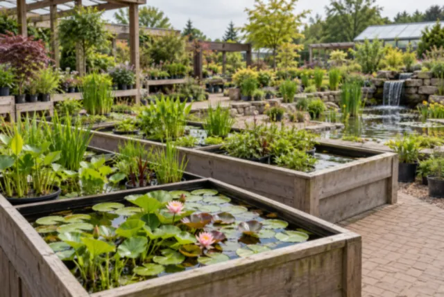 Illustrative view of aquatic plants in shallow display tanks beside a water feature.