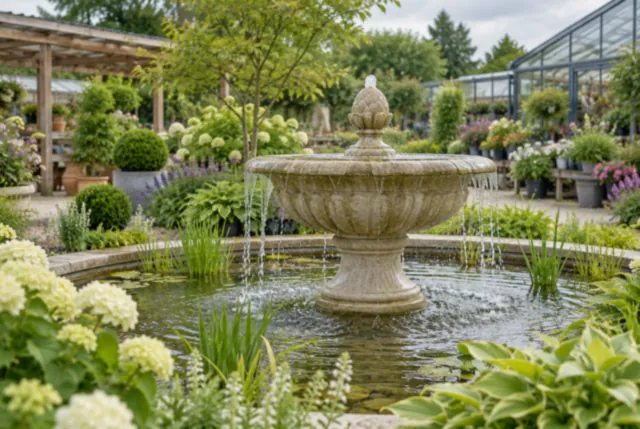 Illustrative view of a pale stone fountain flowing into a shallow planted pool.