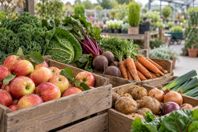 Illustrative view of wooden crates of apples root vegetables and leafy greens.