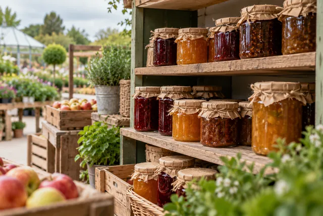 Illustrative view of jars of jams and chutneys on a small unbranded farm-shop shelf.