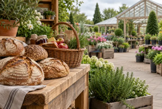 Illustrative view of rustic loaves on a timber counter beside a basket of goods.