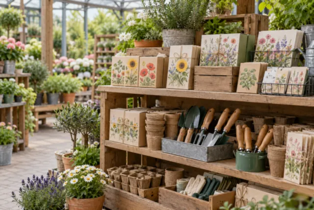Illustrative view of seed kits and small hand tools arranged on gift shelves.