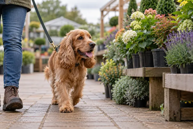 Illustrative view of a leashed dog walking beside garden-centre plant displays.
