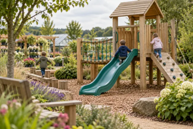 Illustrative view of a simple timber play structure near shrubs in a family area.