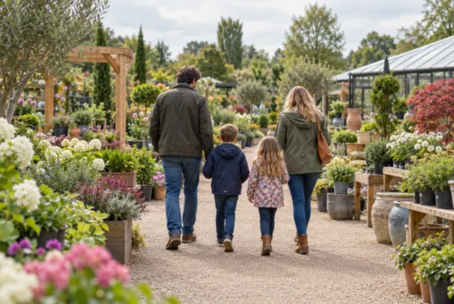 Illustrative view of a small family seen from behind exploring a wide nursery path.