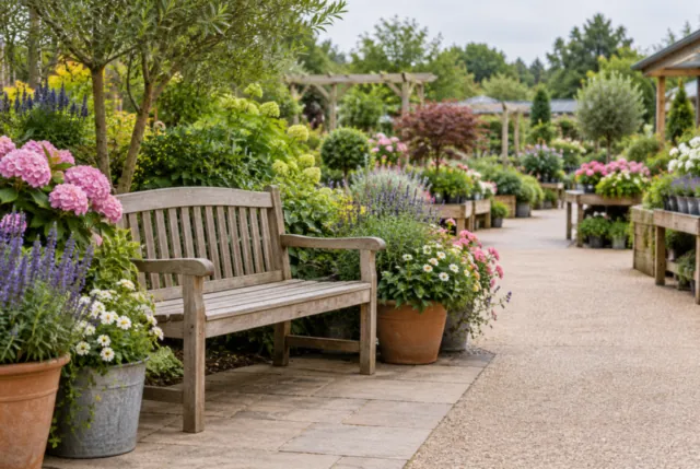 Illustrative view of a wooden rest bench beside flowering pots and an accessible path.