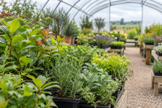 Illustrative view of rows of leafy young plants inside a bright British polytunnel.