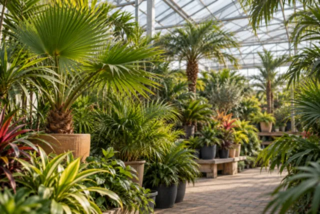 Illustrative view of layered palm foliage beneath a glasshouse roof.