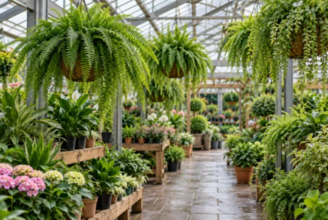 Illustrative view of hanging ferns at varied heights along a glasshouse aisle.