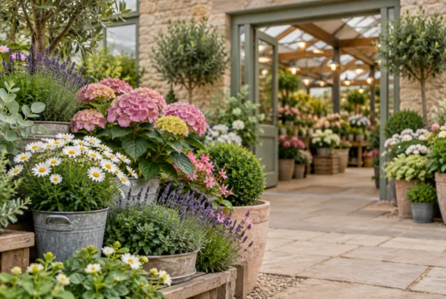 Illustrative view of a stone-built garden-centre entrance framed by potted flowers.