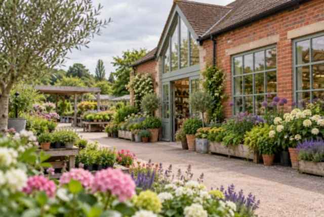 Illustrative view of a red-brick garden-centre frontage with flowers beneath windows.