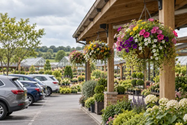 Illustrative view of hanging flower baskets at a small garden-centre car park canopy.
