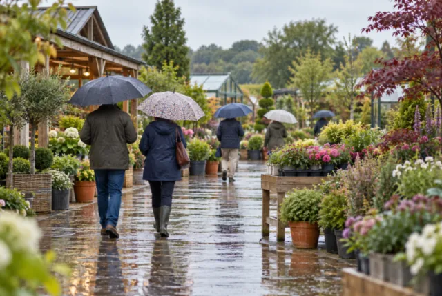 Illustrative view of distant shoppers with umbrellas crossing a wet garden-centre path.
