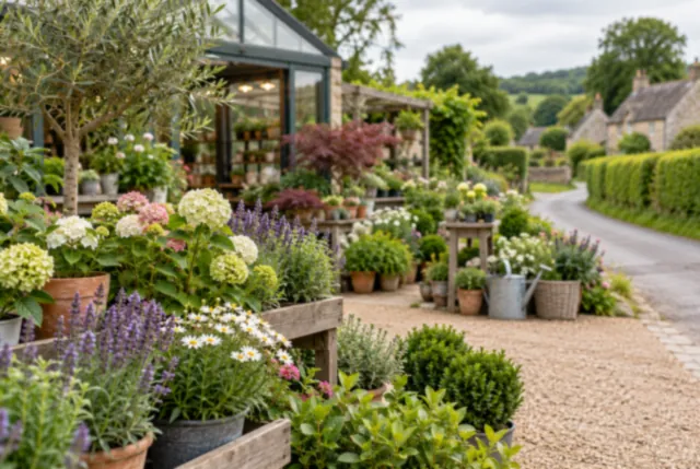Illustrative view of a garden centre beside a quiet village lane and green hedgerow.