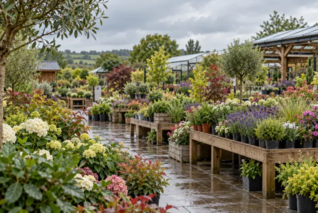 Illustrative view of an outdoor nursery under a grey British sky after light rain.