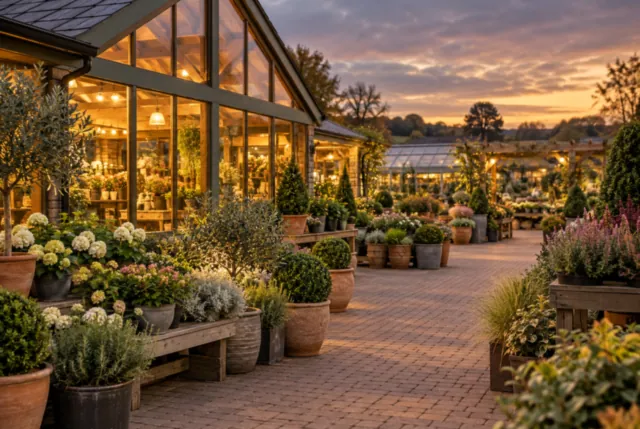 Illustrative view of garden-centre windows glowing warmly at dusk beside potted shrubs.