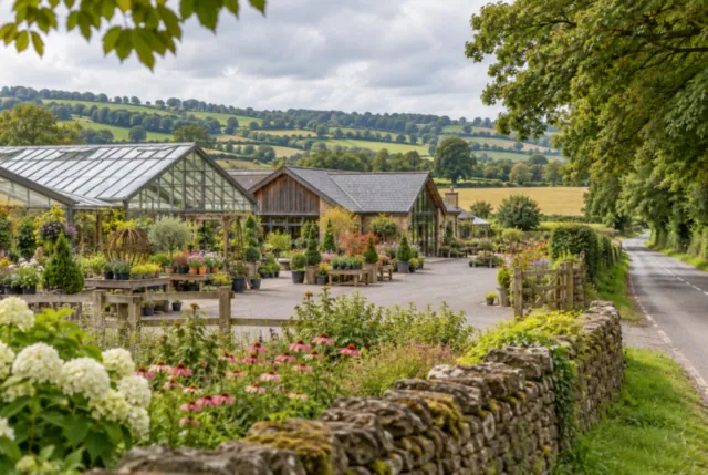 Illustrative view of garden-centre buildings beside fields and a tree-lined country road.